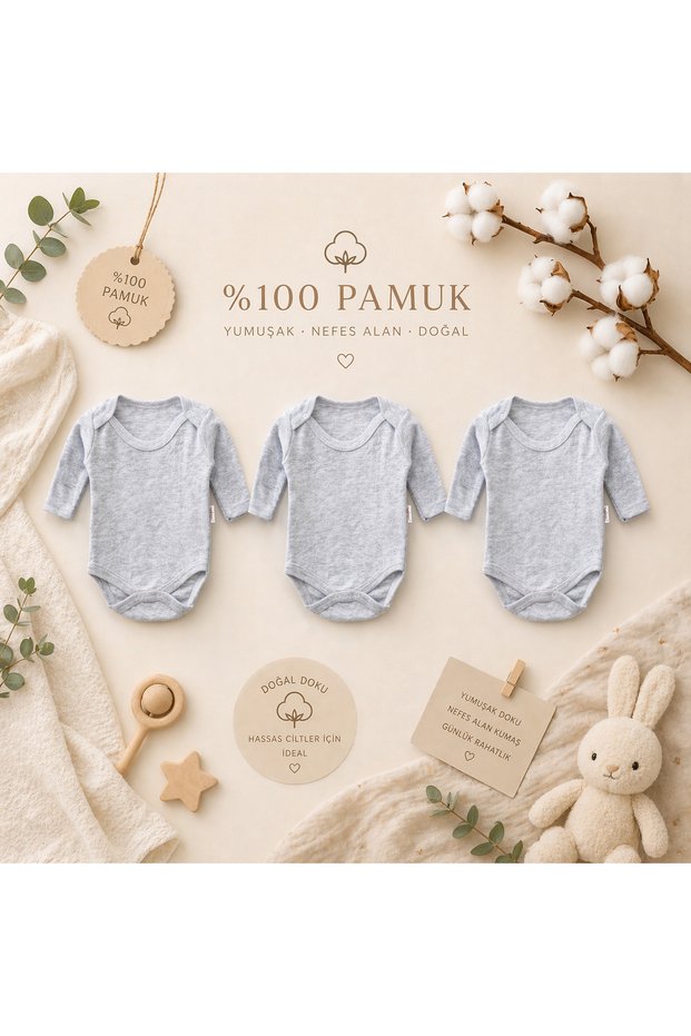 Şimalya Kids 100% Cotton 3-Piece Baby Body Set Long Sleeve Newborn Baby Bodysuit