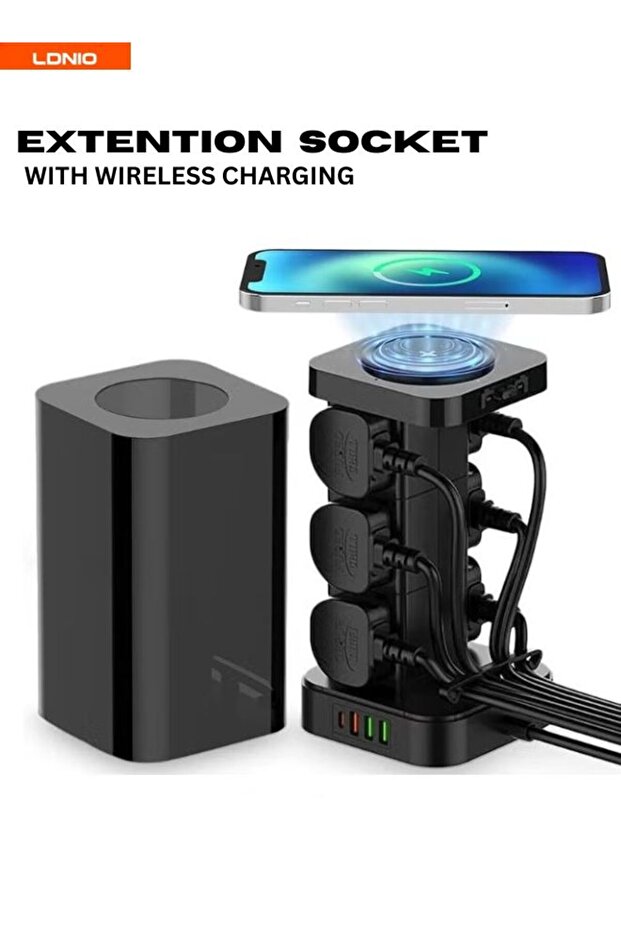 3 in 1 Power Extension Cord With Wireless Charger And Cable Management Box
