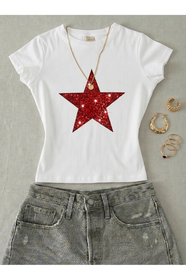 Women's Red Star Stone Printed - Lycra Short Sleeve Body Tee Crop