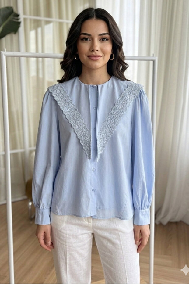 Blue Shirt with Lace Detail Msy1329
