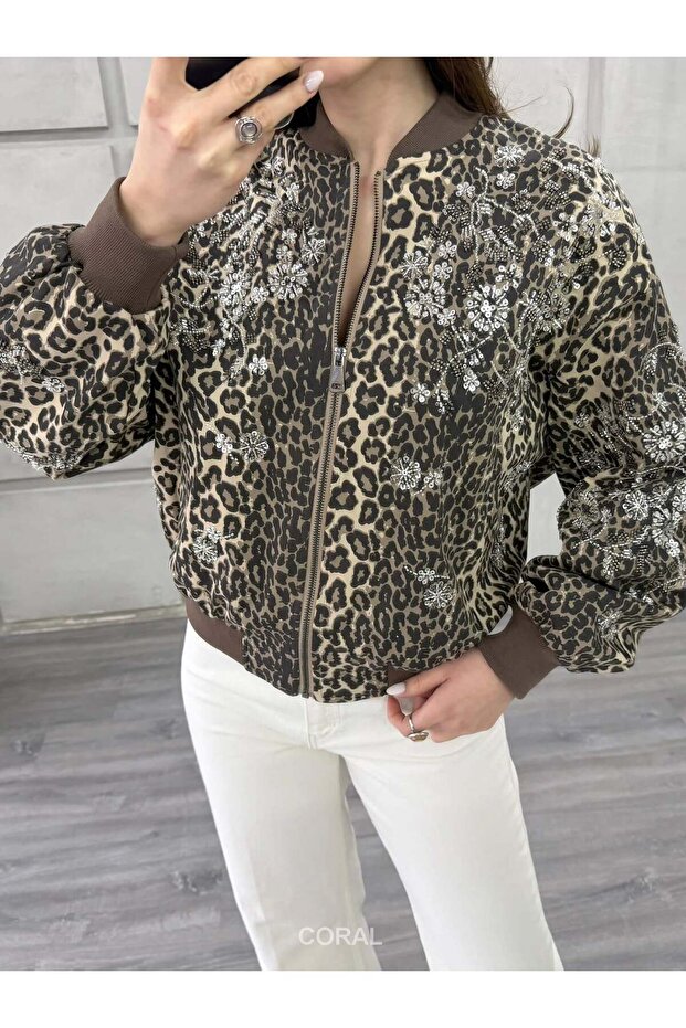 Sequin Embroidered Leopard Pattern Jacket 99961 Brown - 4