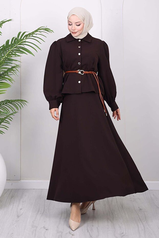Belt Detailed Skirt Suit Brown 19287