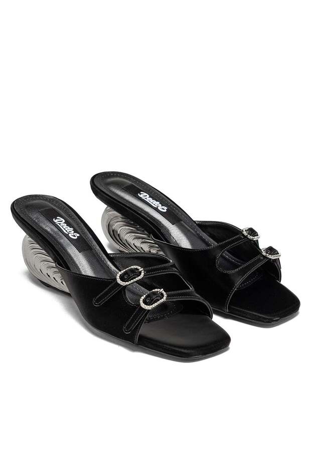 Women's Special Heeled Shiny Surface Buckle Closed Toe Evening Dress Slippers 21115
