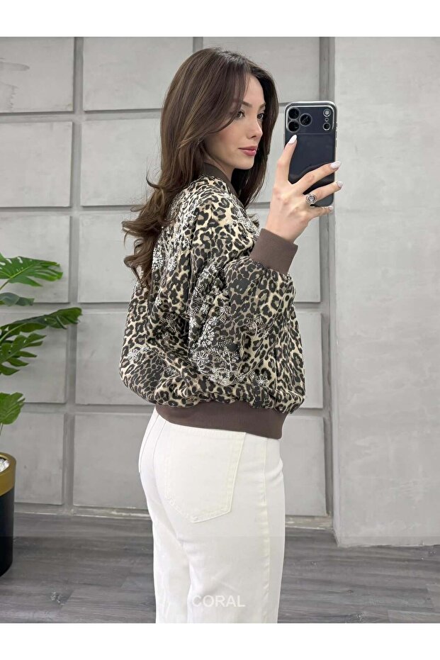 Sequin Embroidered Leopard Pattern Jacket 99961 Brown - 2