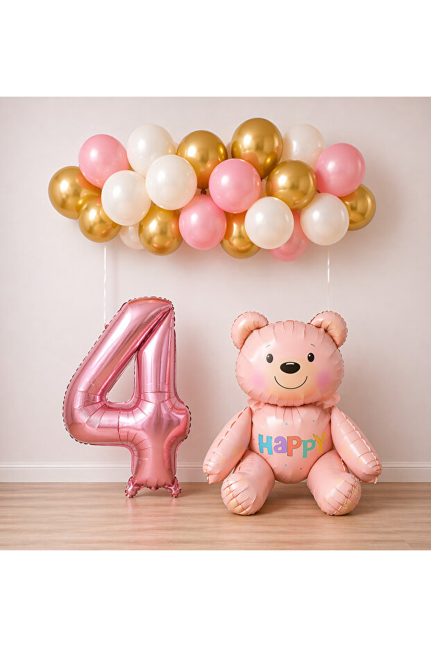 4 Year Old Pink Teddy Bear Themed Birthday Balloon Set for Girl
