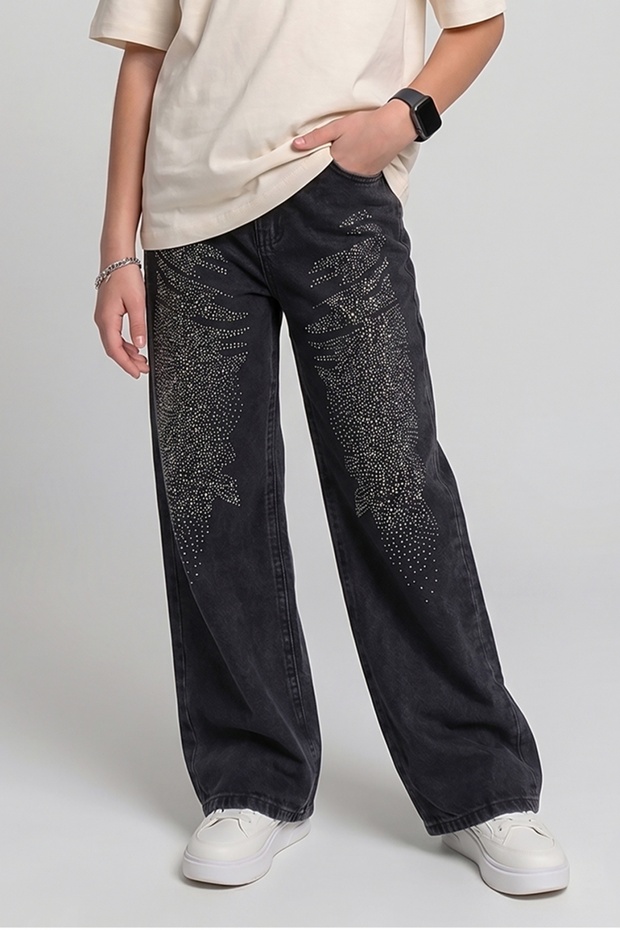 Cotton Stoned Wide Leg Girls' Trousers