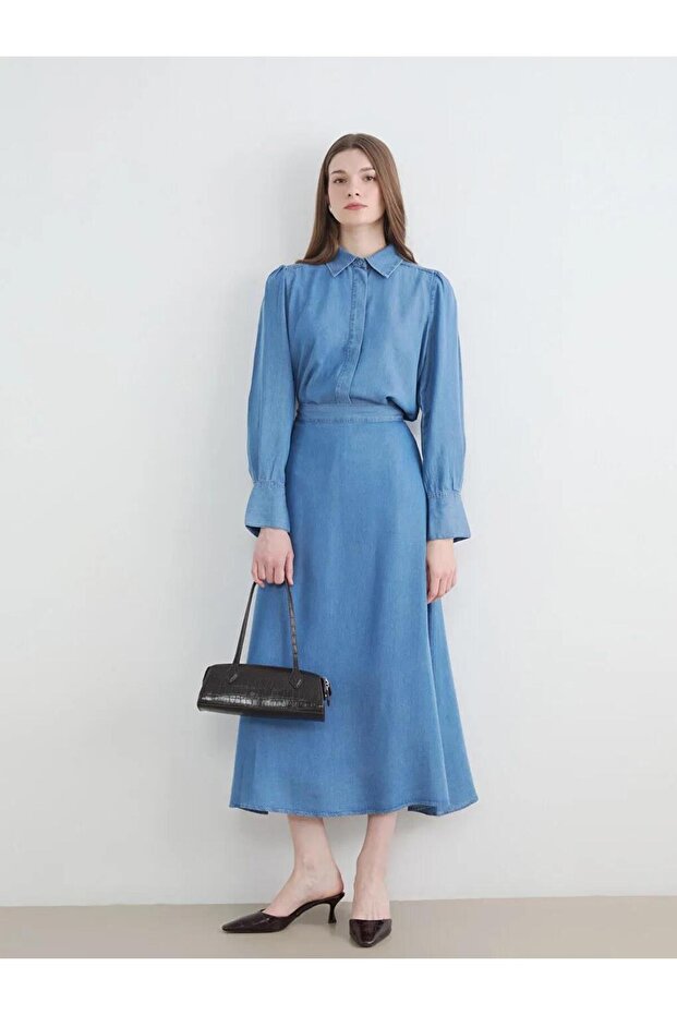 Elastic Waist Flared Jean Skirt (S6)