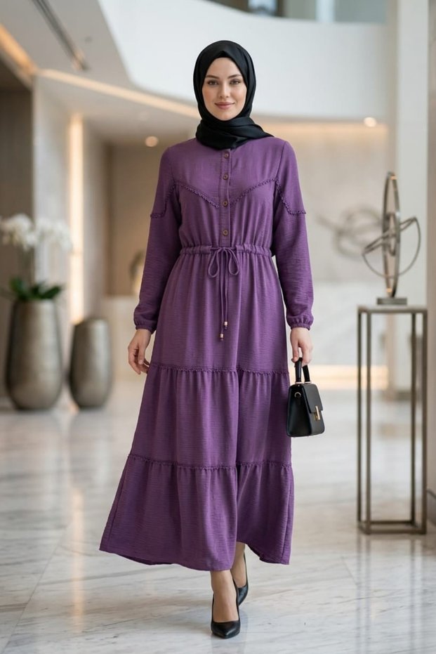 Women's Lace Detailed Waist Tie Ayrobin Purple Dress