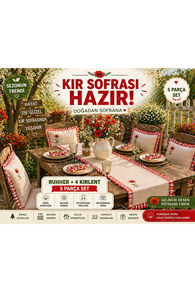 Rustic Country Table Set Runner + 4 Throw Pillows Gingham Ruffled Floral Table Decor