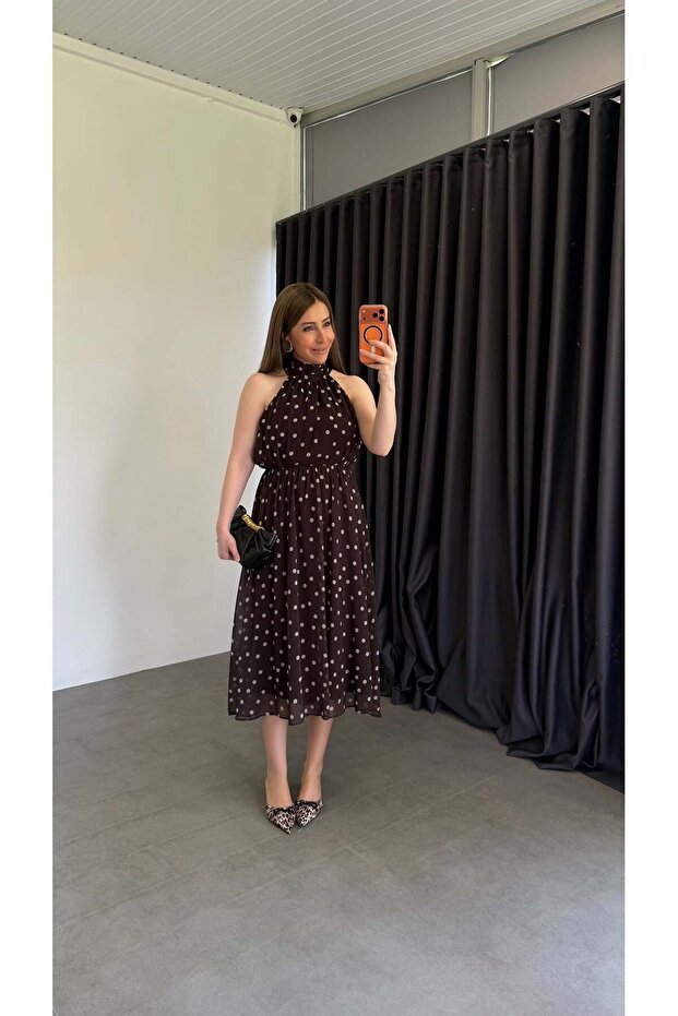 Halter Neck Polka Dot Dress Brown