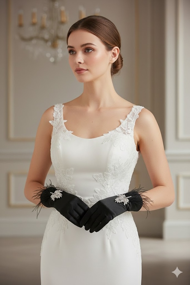 Elarisse Jewel Black Satin Gloves – Short Luxury Bridal and Event Accessory with Stones and Feathers