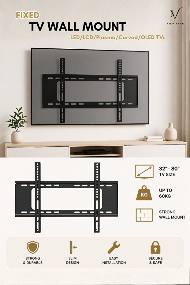 SH64F Fixed TV Wall Mount for 32-80 inch LED/LCD/Plasma/Curved/OLED TVs
