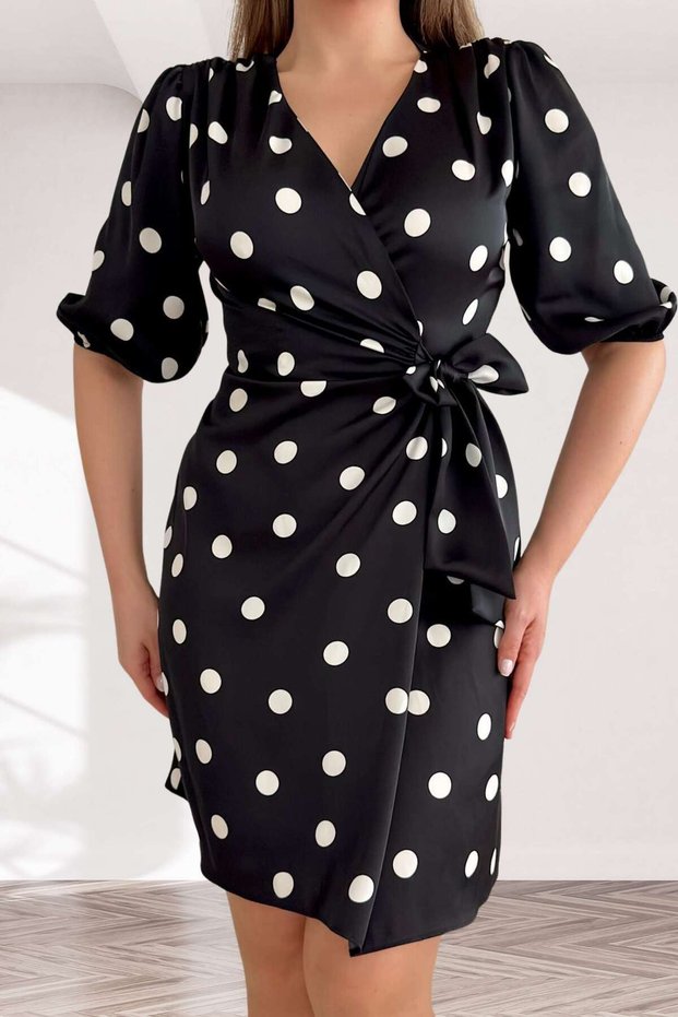 Satin Double-Breasted Bow Detailed Polka Dot Women's Midi Dress - | 2760 in Sizes 36-48