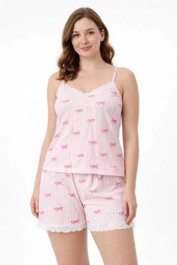 Women's Pink Striped Bow Patterned Rope Strap Shorts Pajama Set with Lace Detail