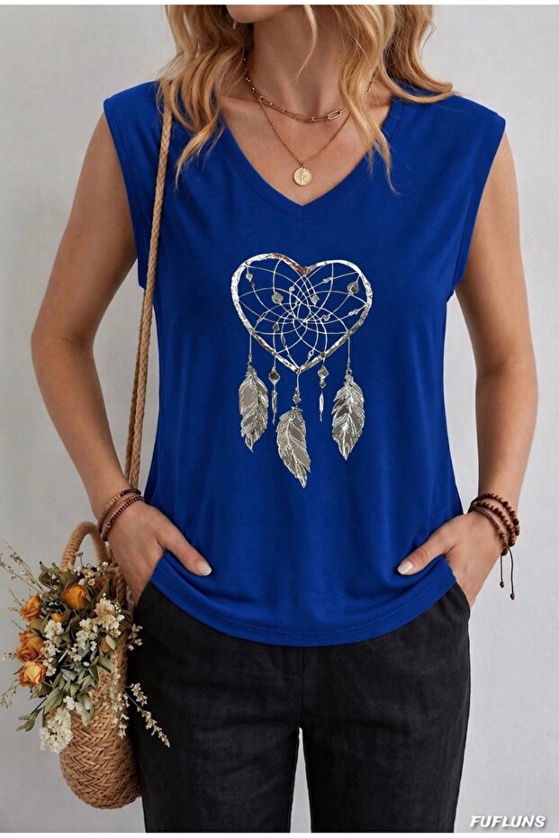 Bohemian Heart Printed Women's Oversize Sleeveless T-Shirt