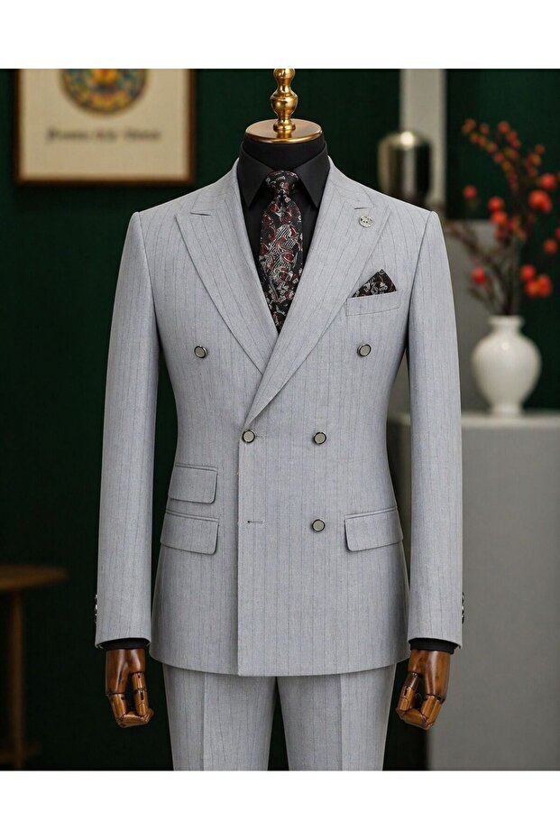 Men's Light Gray Striped Double-Breasted Suit Slim Fit Stylish Design