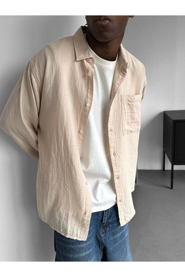 Men's Muslin Shirt 100% Cotton Hakim Italian Collar Buttoned Long Sleeve Loose Fit Shirt Relaxed Fit Summer Shirt