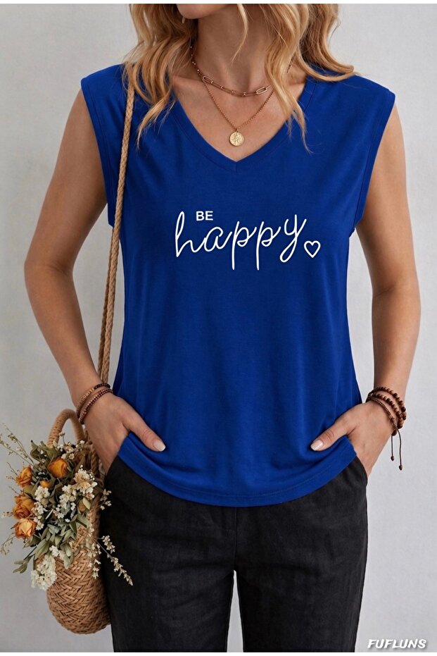تي شيرت نسائي بدون أكمام مطبوع عليه BE HAPPY