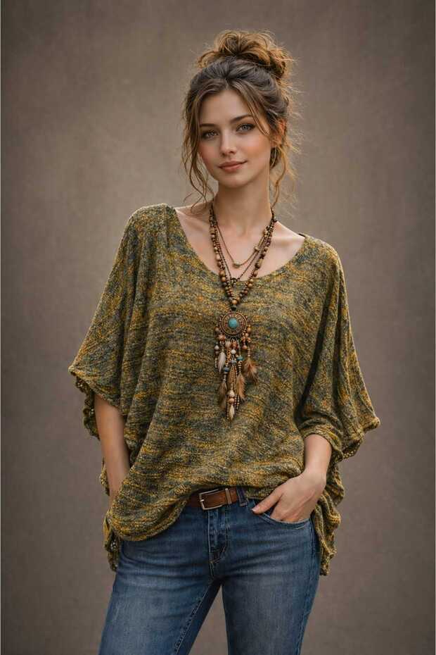 Bohem Style Olive Green Effect Seasonal Oversize Loose Cut Bluz