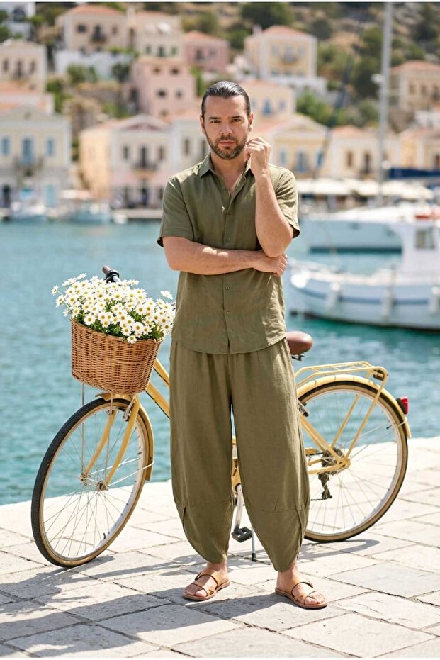 Men's Linen Shalwar Trousers 100% Cotton Linen - Shalwar Khaki