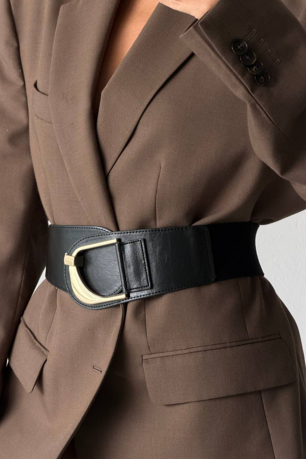 Mfr5013 Women's Wide Belt with Gold Buckle, Flexible Elastic and Faux Leather Detail