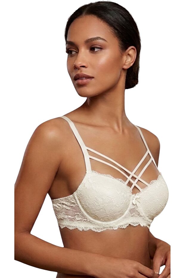 حمالة صدر من السيليكون والدانتيل (مع دعم) حمالة صدر سلكية (Wire Bra) برباط متقاطع مزدوج بلون إكرو EBR-1161