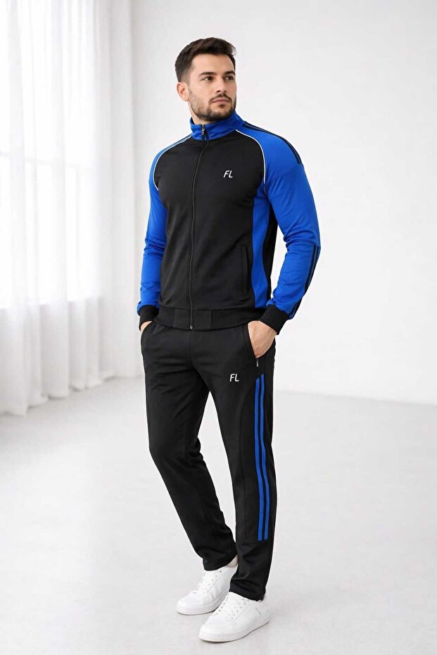 Men'S, Black-Blue Diving Fabric Zippered Top and Bottom Tracksuit Set