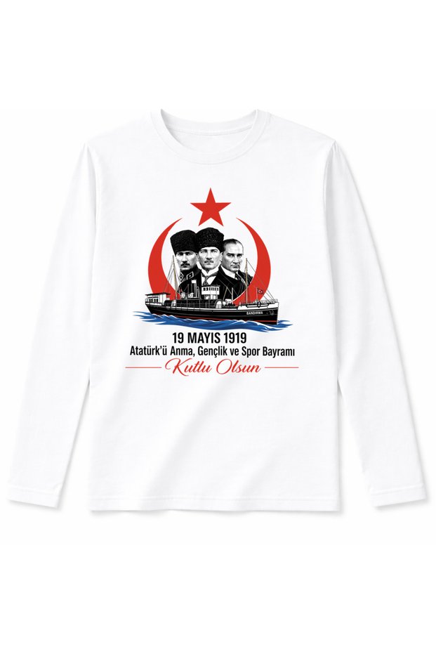 Long-Sleeved Bandırma Ship and Ataturk 19 May 1919 Printed Cotton Kids T-Shirt