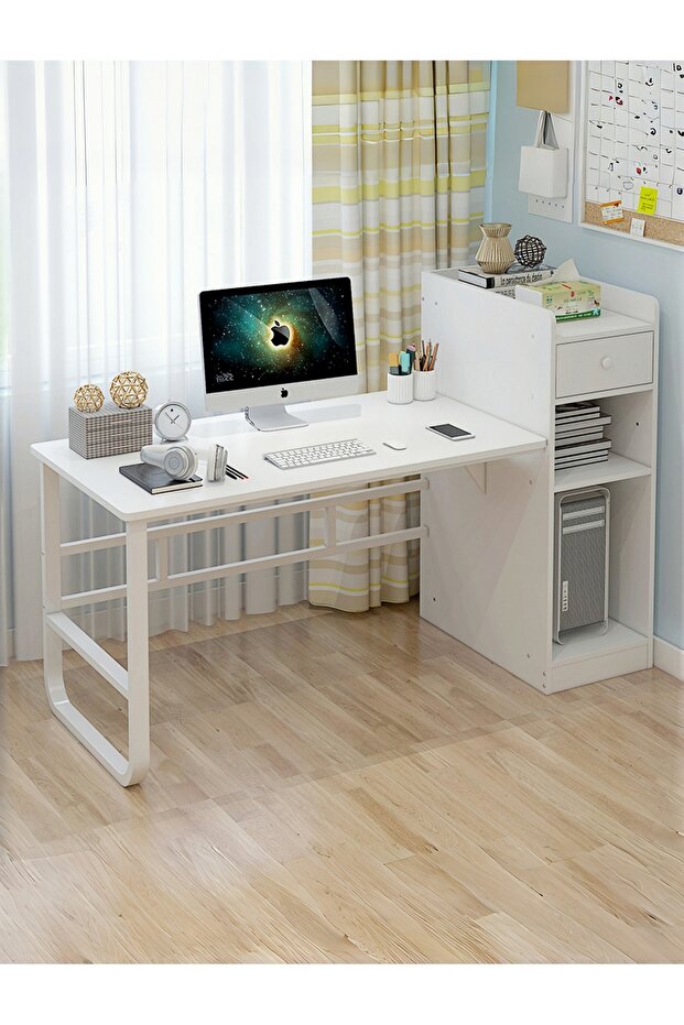 4 Tier Adjustable Left Right Computer Desk with Bookshelf, Study Desk with Extra Thick Steel Frame