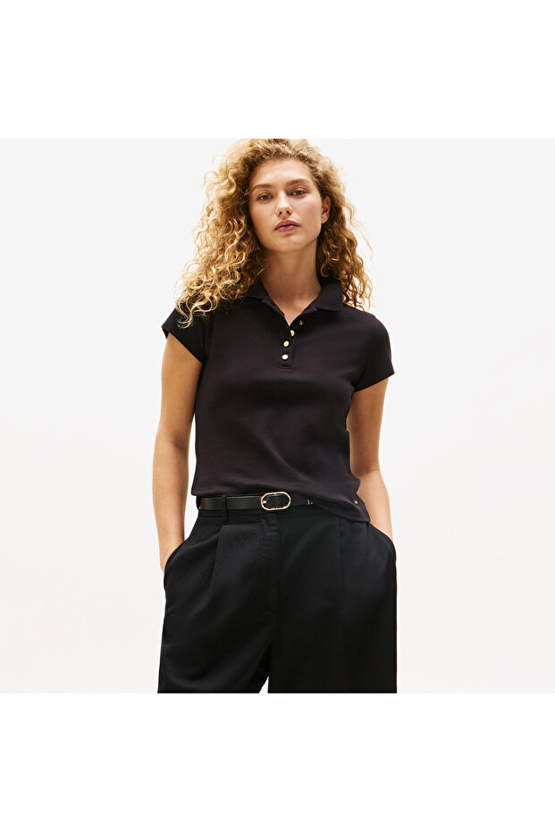 Gold Button Slim Women's Black Polo