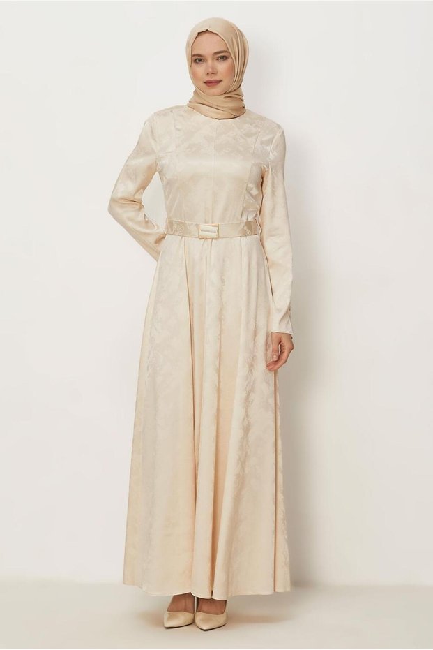 Belted Satin Jacquard Dress 46514