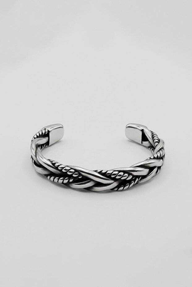 Men's Twisted Rope Patterned Bohemian Steel Bracelet Silver