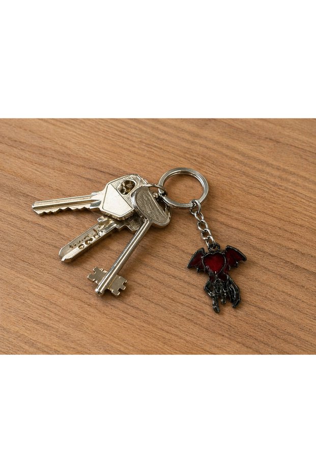 Gothic Red Heart Winged Metal Keychain with Hand Figure