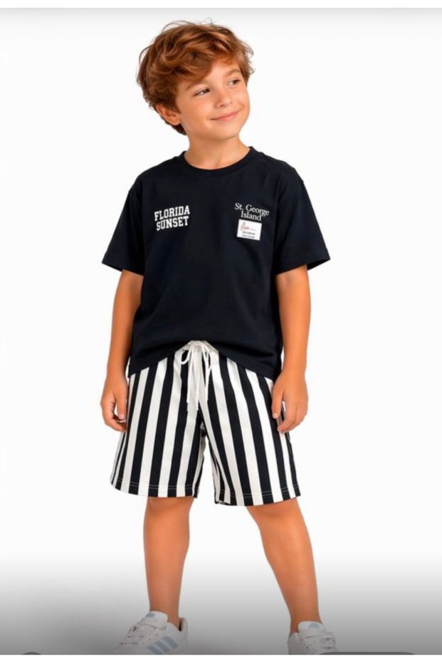 Boys' Florida Sunset Printed Black T-Shirt and Striped Shorts Bottom Top Set