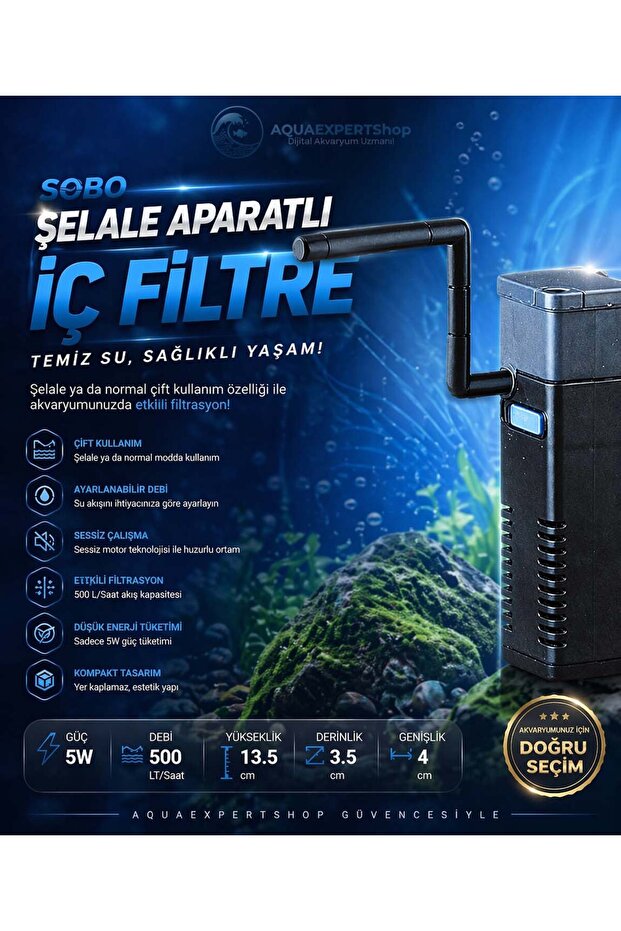 فلتر داخلي لحوض السمك مع جهاز شلال - 5 واط - 500 لتر/ساعة - معدل تدفق قابل للتعديل - WP-320F
