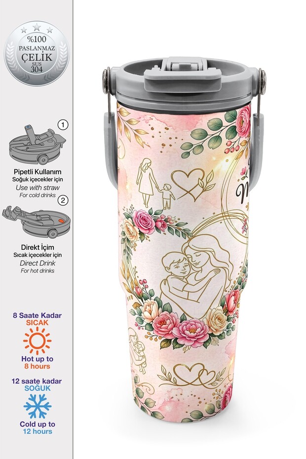 Mother's Day Special Mother-Son Patterned Steel Thermos with Straw and Direct Drinking Feature 900 ml 3
