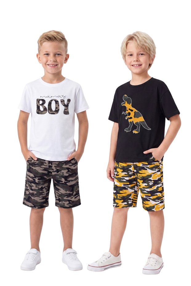 2-Pack Round Neck T-Shirt with Print Detail and Camouflage Pattern Capri 4-Piece Summer Boys' Bottom and Top Set