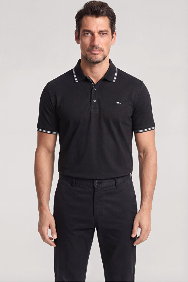 Men's Button Closure Short Sleeve 100% Cotton Black Polo Collar T-Shirt