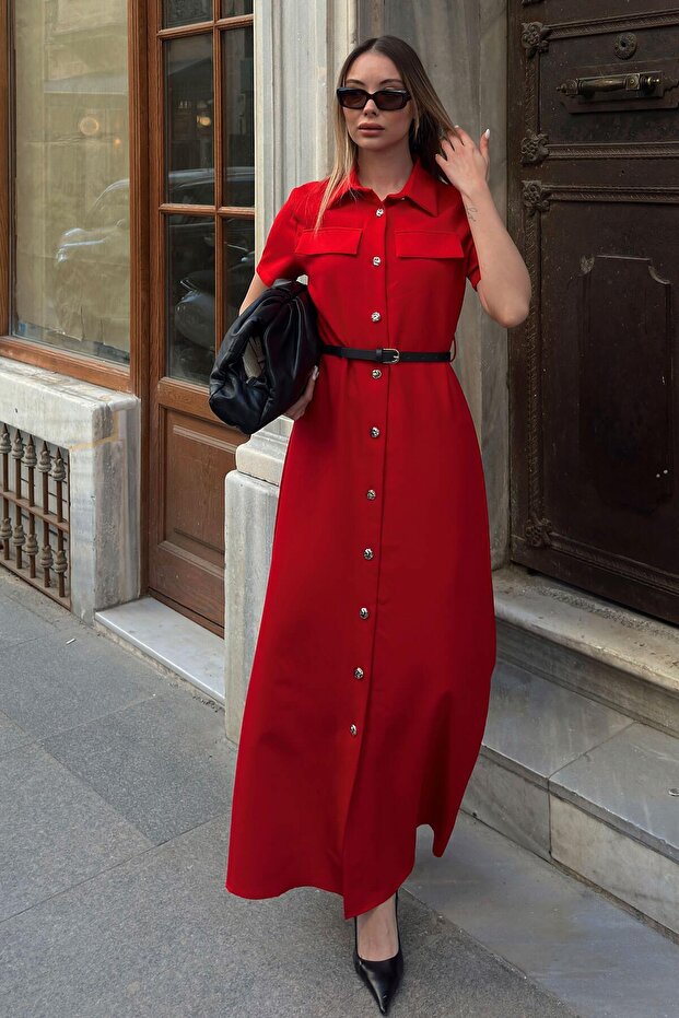 Red Half Sleeve Polo Collar Buttoned Belted Women's Dress