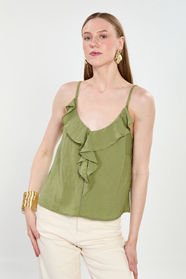 Women's ruffled front blouse with rope straps - khaki
