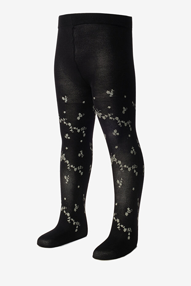 Black Butterfly and Floral Patterned Girls' Pantyhose