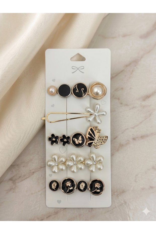 Women's Hair Clip Set 5 Pieces – Pearl Detailed Clip Hairpin, Butterfly & Flower Figured Black Gold Stylish Hair Accessory