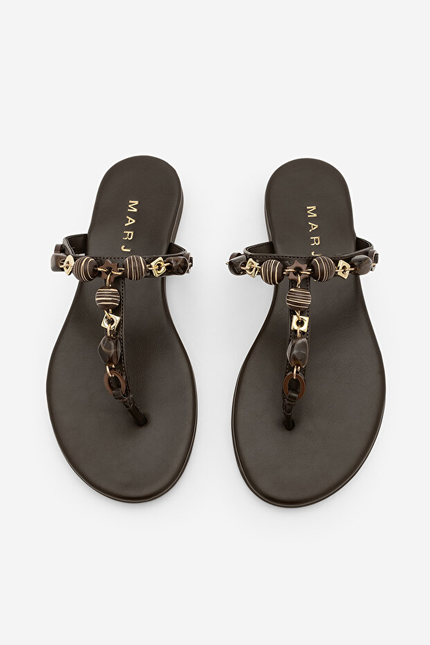 Women's Thin Strap Flip-Flops with Bohemian Stone Buckle, Casual Slippers, Marsil Brown