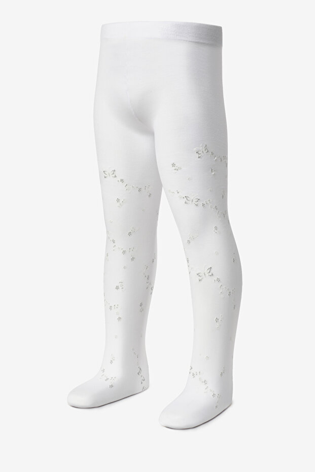 White Butterfly and Flower Patterned Girls' Pantyhose
