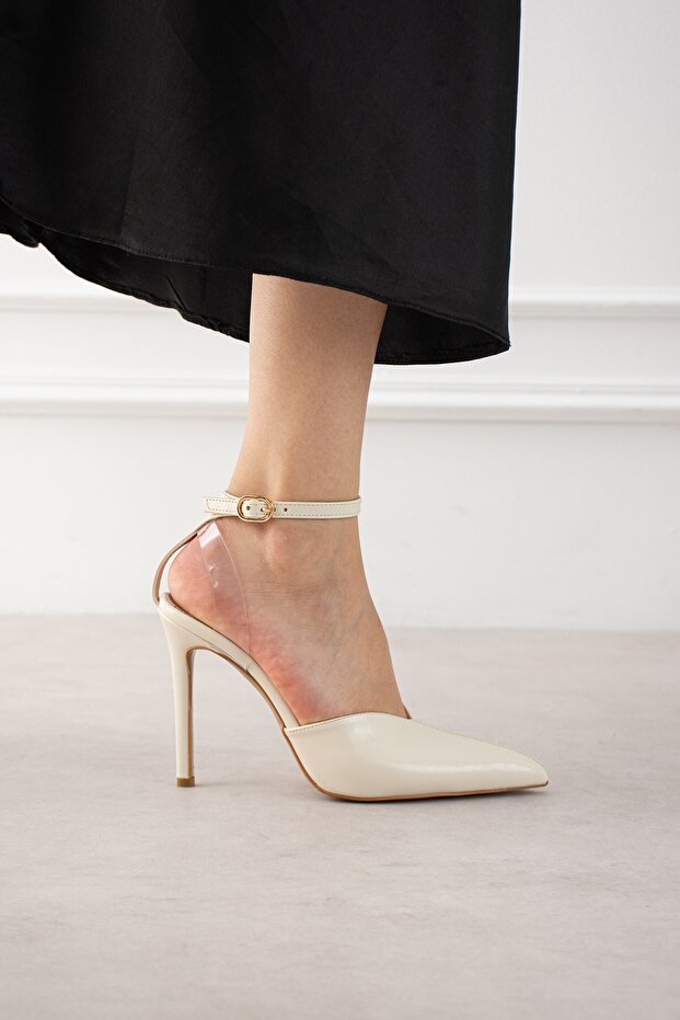 Cream Strap Low-Cut Women's Heeled Shoes with Ankle Belt