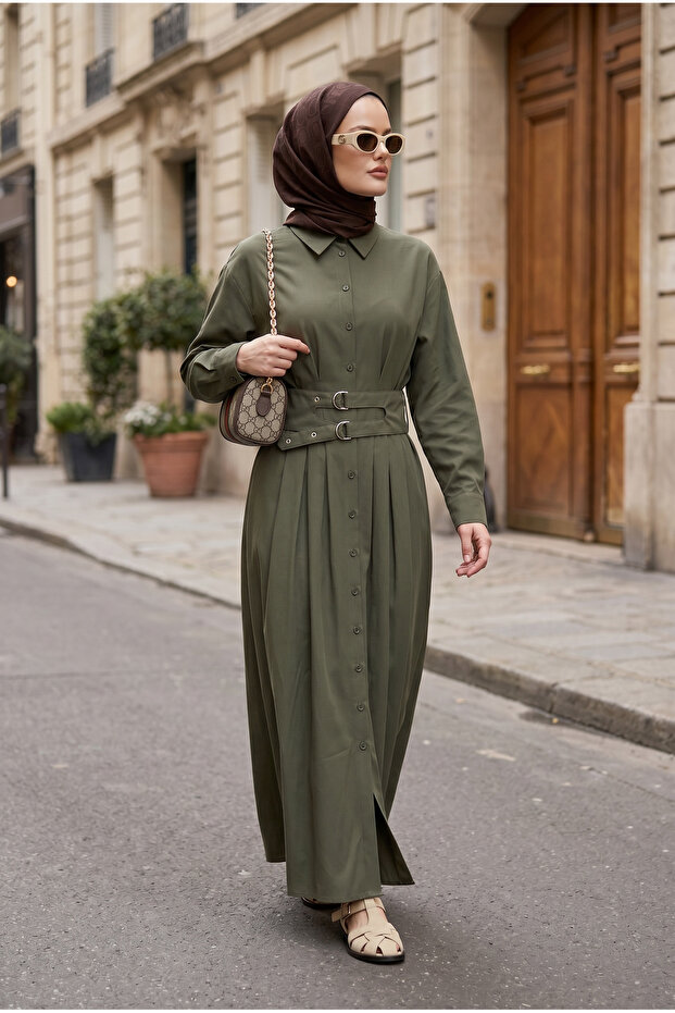 Elara Double Belted Tencel Dress-Khaki Green