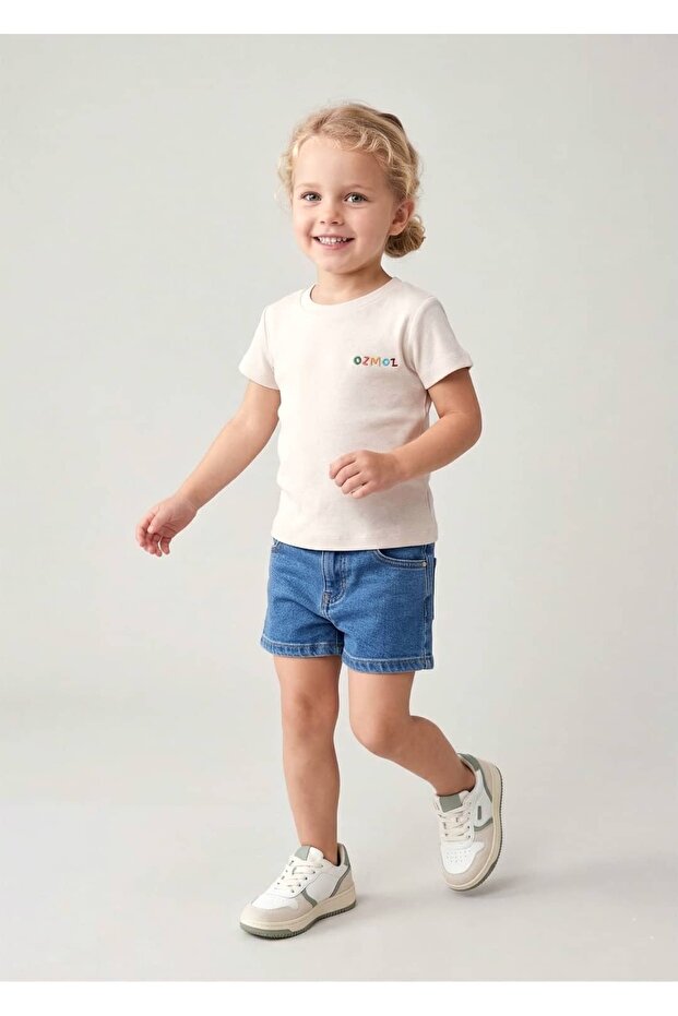 Organic Embroidered Beige Summer Little Girl's Tshirt