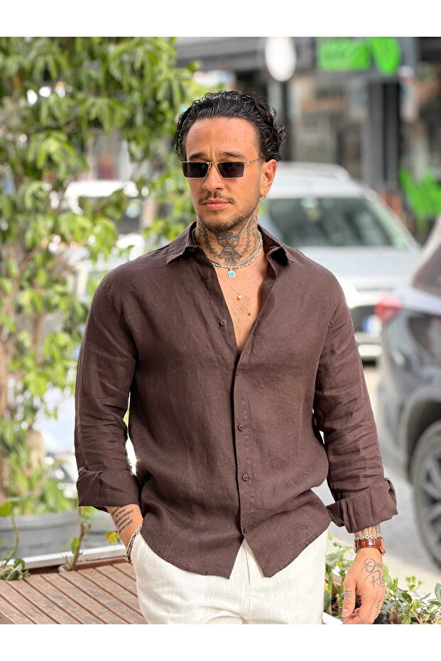 Raw Linen Regular Fit Shirt Brown