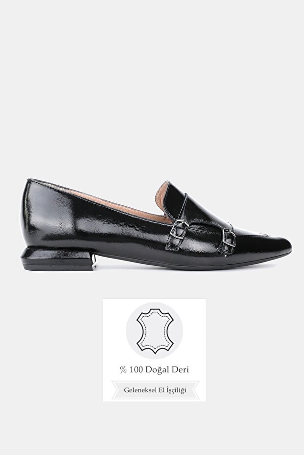 Women's Black Patent Leather Genuine Natural Leather Double Buckle Ballet Flats, Size 36-41