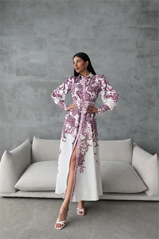 فستان قميص نسائي طويل مزين بحزام ونقشة مميزة DPMS4220